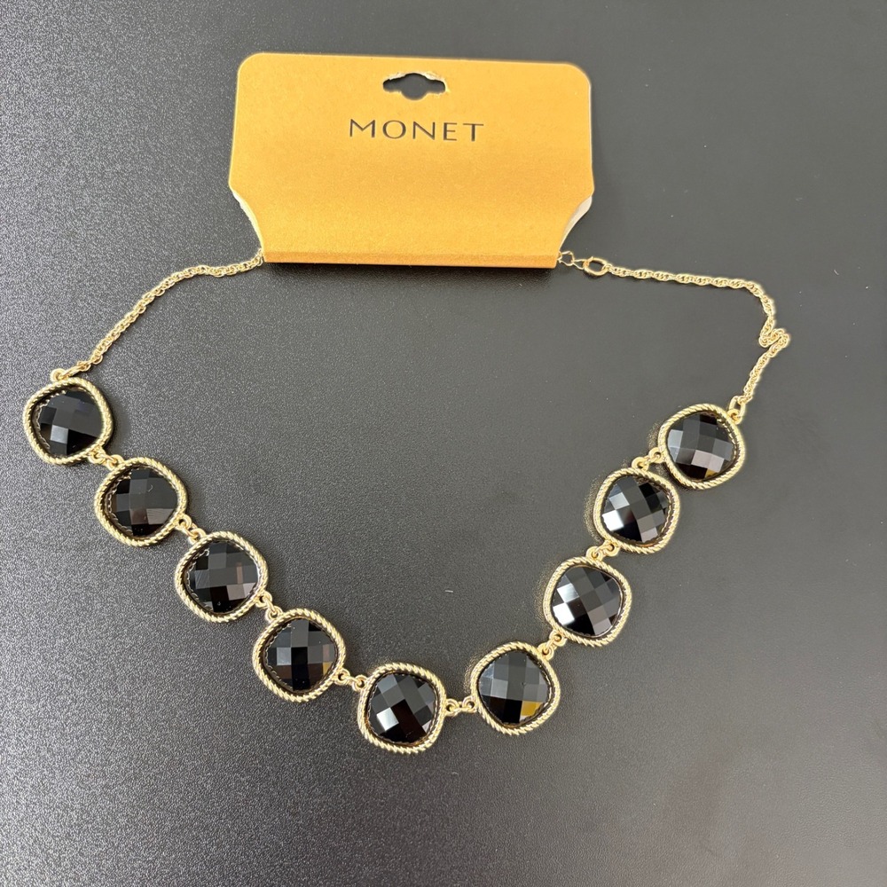 Monet Womens Necklace OS Black Gold Tone Social Tower Faceted Square Stones
